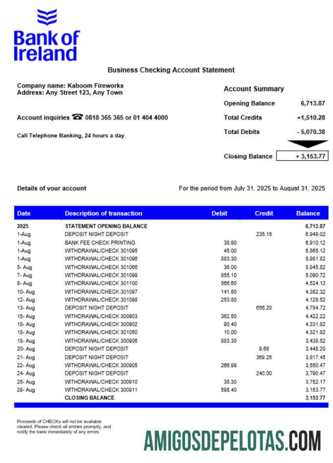 Modelo Word e PDF do extrato de conta da empresa Realista Bank Of Irish Firm